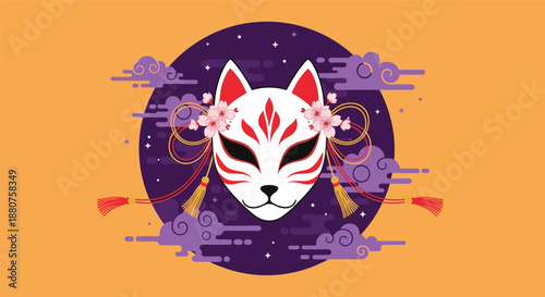 Traditional Japanese kitsune fox mask decorated with cherry blossoms set against a purple moon and stylized clouds on an orange background.