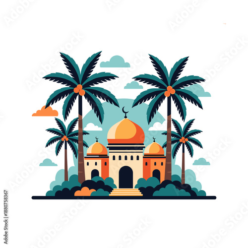 Serene mosque surrounded by palm trees in tropical paradise