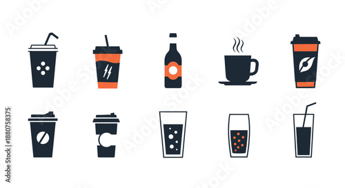 Diverse collection of beverage icons including coffee cups, soda glasses, bottles, and to-go containers in a dark blue and orange color scheme.