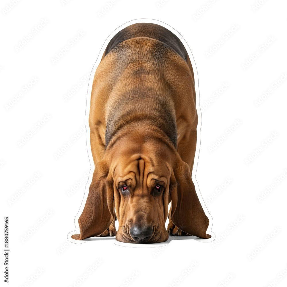 Obraz premium Various dog species and breeds are highlighted by a Bloodhound sniffing the ground in a studio setting, showcasing its distinctive features in a close-up shot, as seen in 31.png