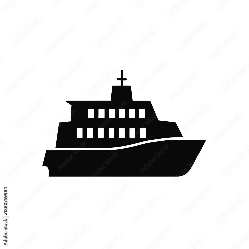 Obraz premium A black silhouette of a ferry boat with a cross on top, set against a white background
