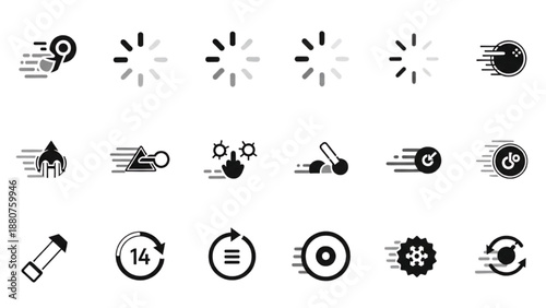 Collection of abstract icons representing motion and speed, featuring various shapes and designs on a clean background from a straightforward viewpoint