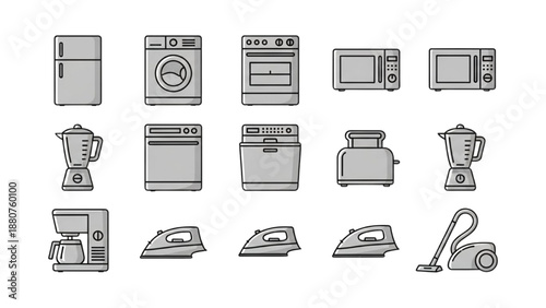 Collection of various household appliances displayed in a grid layout illustration