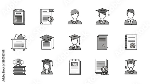 Collection of Educational Icons Representing Graduation and Learning Materials in Simple Line Art Style
