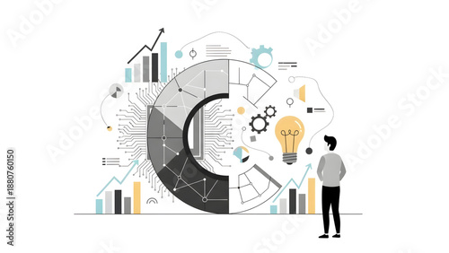 Conceptual design of a business strategy cycle, illustrating data analysis, innovation, and technological development towards achieving project goals and growth