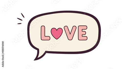 Speech Bubble with Pink LOVE Heart, Cute Cartoon Style Illustration
