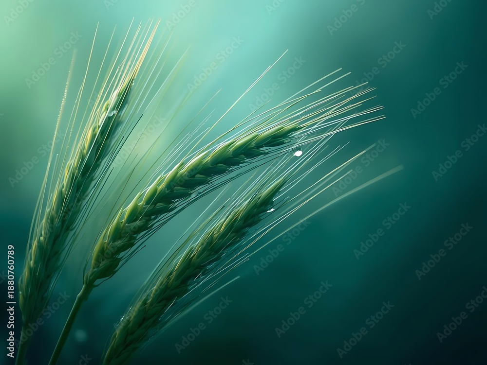 Fototapeta premium Close up of green wheat stalks with dew drops in soft light