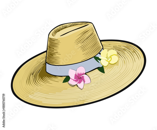 Summer hat with blue ribbon and purple flower for vibrant feminine fashion and trendy headwear accessory for tropical travel