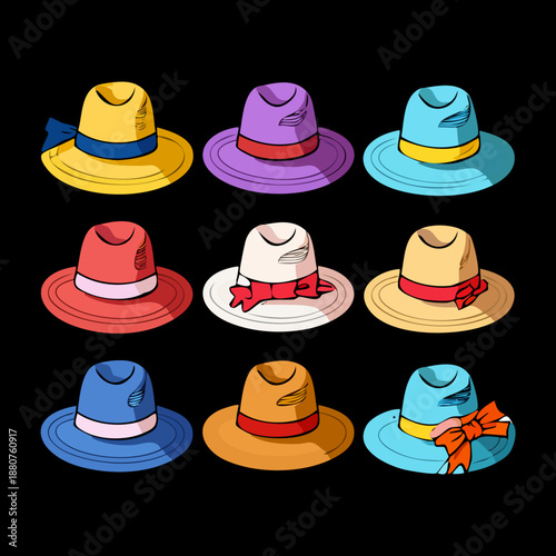 Collection of colorful ladies hats for summer vacation fashion and trendy headwear accessories for outdoor beach party events