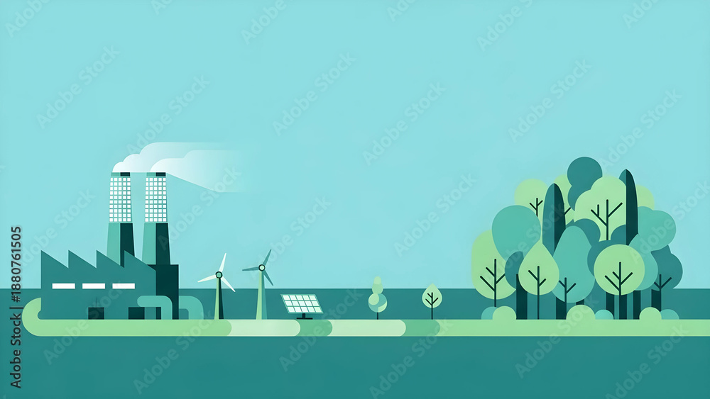 Obraz premium 脱炭素（カーボンニュートラル）とネットゼロへの道筋を描いたフラットイラスト。環境戦略ロードマップ。