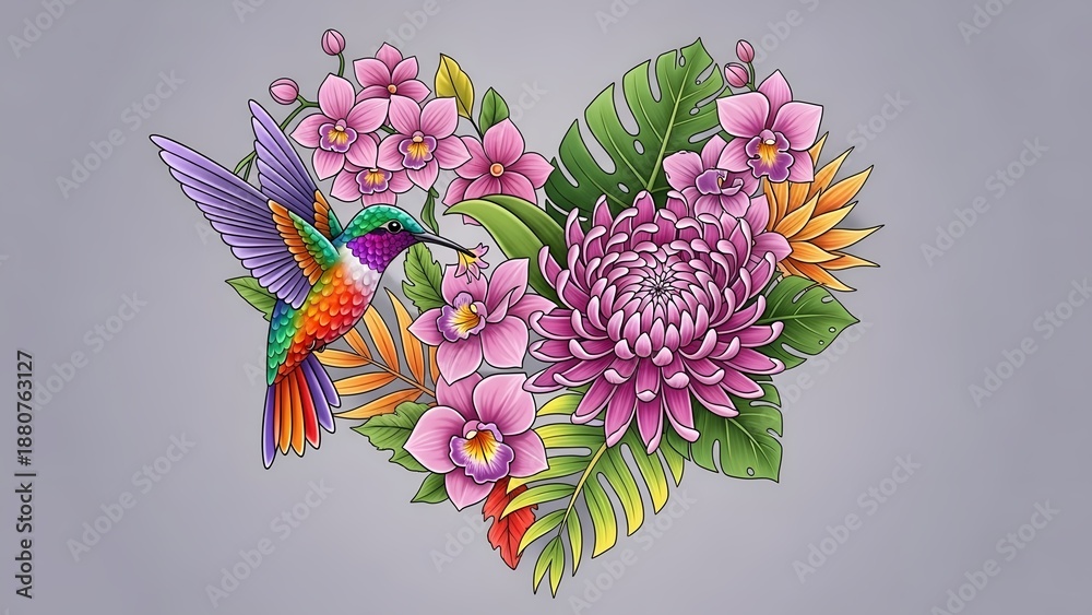 Fototapeta premium Colorful hummingbird and floral heart illustration on gray background