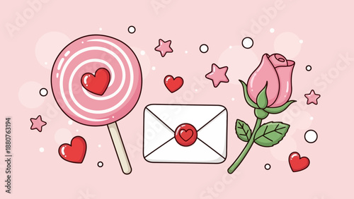 Sweet Love Symbols: Lollipop, Rose, Envelope, Hearts, Stars on Pink Background
