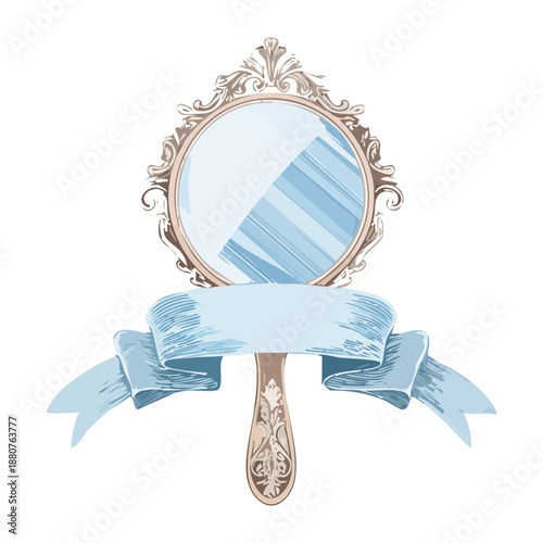 vintage silver hand mirror with blue ribbon for beauty vanity and elegant grooming accessory and decor