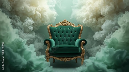 Ornate emerald throne surrounded by ethereal clouds and light