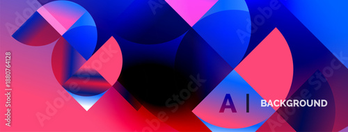 Abstract vibrant shapes overlap. Pink, blue hues dominate composition. Modern design suggests technology, innovation. Background features text AI.