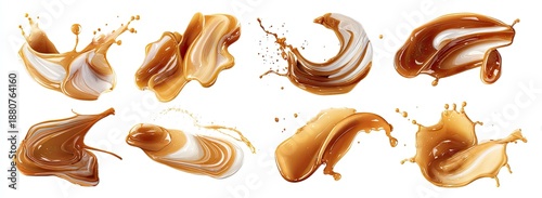 Various fluid swirls and splashes of cream and caramel on a white background