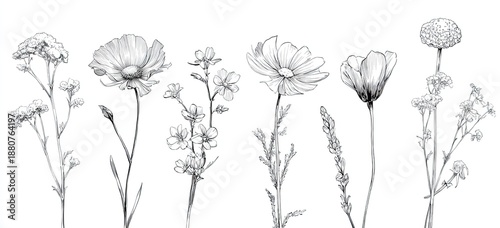 A pencil sketch displays varied wildflower illustrations on stems against a white backdrop