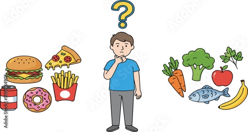 Healthy vs Unhealthy Food Illustration Featuring Boy Choosing Between Fast Food Items and Nutritious Fruits, Vegetables, and Fish