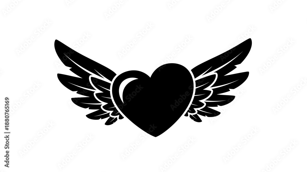 Fototapeta premium Black heart with wings symbol illustration on isolated white background, representing love and freedom.