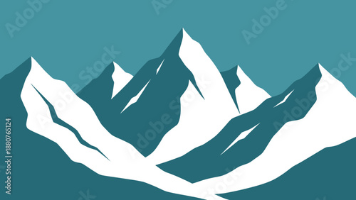Minimalist mountain landscape with snow-capped peaks under a tranquil teal sky, depicting nature's calm beauty.