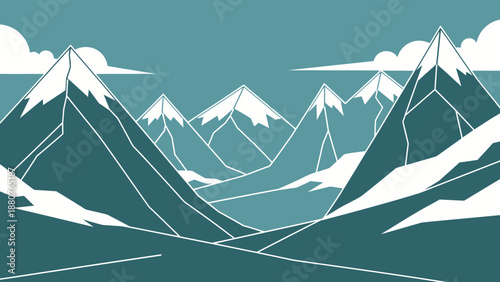 Minimalist mountain landscape with snow-capped peaks under a tranquil teal sky, depicting nature's calm beauty.