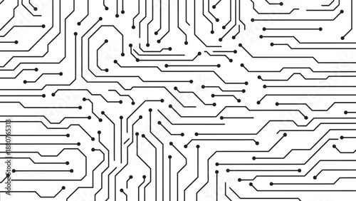 Seamless electronic circuit board pattern, illustrating technology and connectivity, on an isolated white background.