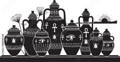 Ancient Egyptian Canopic Jars with Symbols and Hieroglyphs