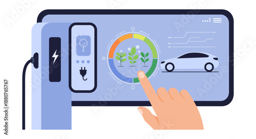 electric vehicle charging station user interacts with digital display showcasing environmental impact and sustainable energy for modern e-mobility management
