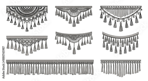 Variety of hand-drawn macrame wall hanging designs with fringes and tassels for bohemian home decor and artisanal craft inspiration projects.