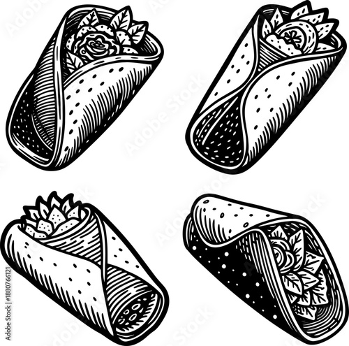 Set of A hand-drawn style vector of a tortilla wrap filled with meat and vegetables.