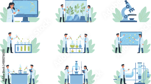 Scientific Laboratory Illustration Set Featuring Researchers, Experiments, Microscopes, Chemical Analysis, DNA Study, Lab Equipment and Research Activities