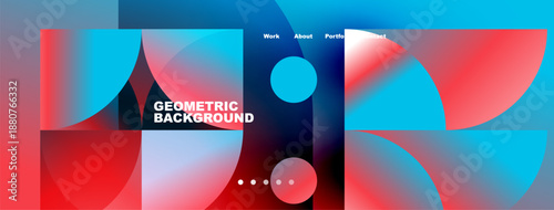 Abstract geometric background. Vibrant blue, red gradients create modern design. Text elements present work, about, portfolio, contact.