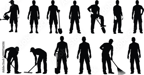 Gardener silhouette collection with tools, landscaping work poses, outdoor garden maintenance activities, black vector illustration set isolated on white background for creative design
