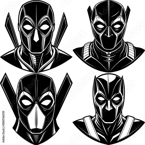A stylized black and white illustration of a tactical anti-hero mask.