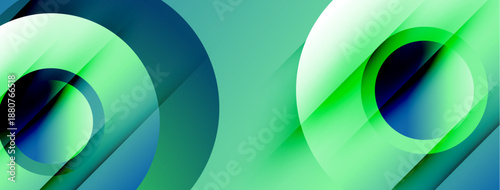 Abstract composition featuring overlapping circles, gradients, cool tones. Modern design, dynamic shapes create visual interest.