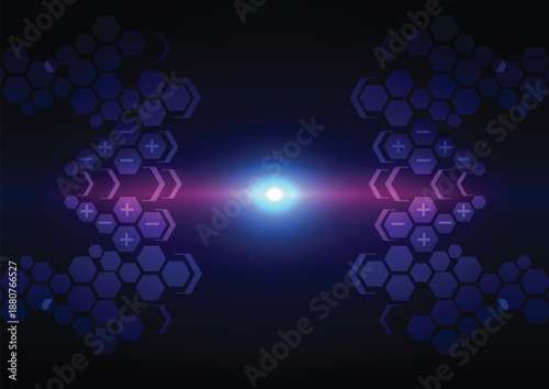 Abstract futuristic technology background with glowing blue hexagon grid pattern, floating data particles, and light effects on dark blue vector backdrop. illustraion vector