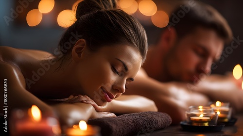 Smiling couple enjoying relaxing massage with candles and flowers in spa setting, perfect for wellness ads, romantic retreat promos