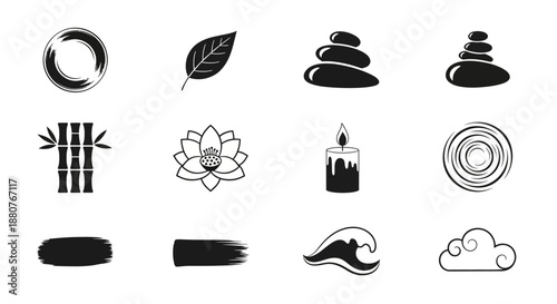 Black and white meditation icons set.