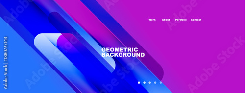 Abstract geometric background. Vibrant blue, purple gradients dominate design. Navigation links present work, about, portfolio, contact. Minimalist aesthetic.
