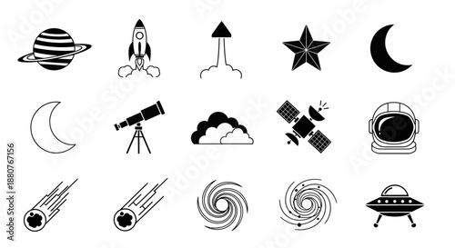 Black and white space icons set.