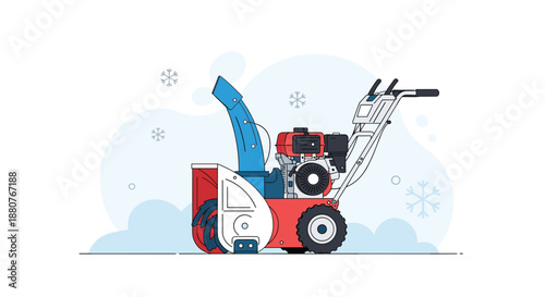 Modern gas-powered snow blower shown in profile with a blue discharge chute and red engine for winter maintenance and equipment catalog displays.
