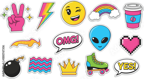 Vibrant Neon Sticker Illustration Set Featuring Emojis, Alien, Lightning Bolt, Roller Skate, Coffee Cup, Speech Bubbles, Icons and Retro Pop Elements