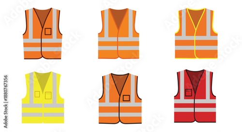 Variety of high-visibility safety vests in orange, yellow, and red colors with reflective stripes for construction and road work safety catalogs.