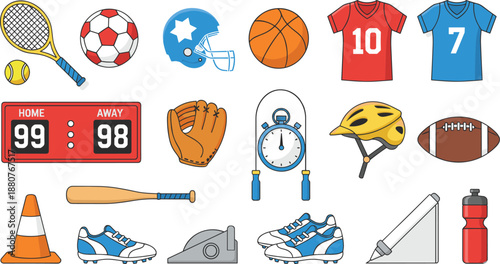 Vibrant Sports Equipment and Team Gear Illustration Set Featuring Balls, Jerseys, Helmets, Scoreboard, Shoes, Training Tools and Athletic Icons