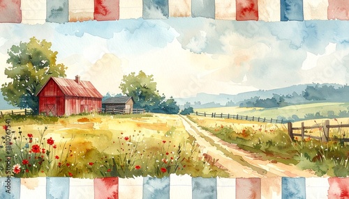 Hand-painted watercolor gingham with uneven edges, vintage countryside mood