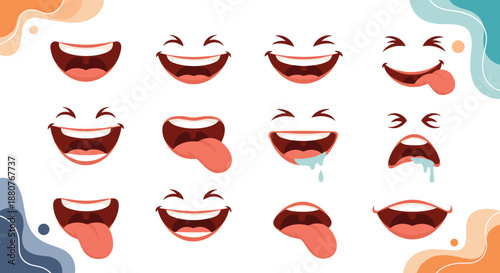 Collection of funny cartoon mouth and eye expressions showing laughter, hunger, and silly moods for mascot and comic character development.