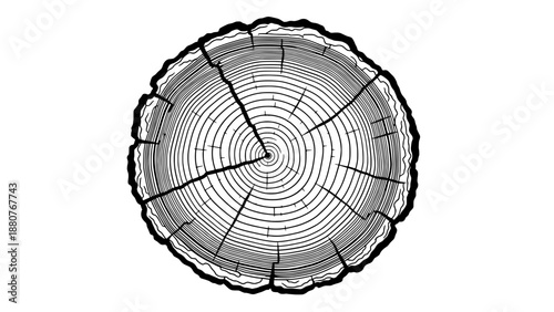 Detailed illustration of a cracked tree stump viewed from the top in a clean environment