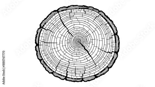 A detailed vector illustration of a tree stump shows annual rings and texture