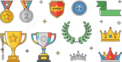 Awards and Achievement Illustration Set Featuring Medals, Trophies, Shields, Laurels, Ribbons, Crowns, and Victory Icons