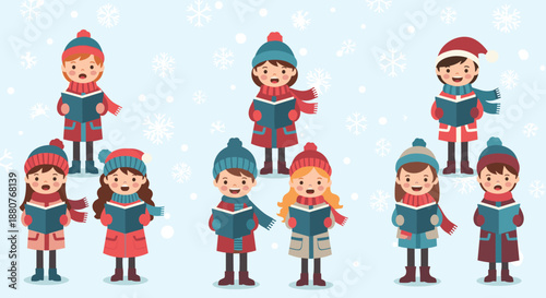 Group of happy children in winter attire singing christmas carols with songbooks against a snowy light blue background during the holiday season.